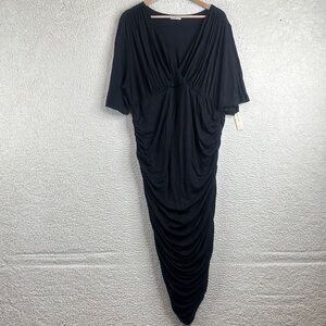 NWT Kiyonna Womens Black V Neck Ruch Bodycon Stretch Midi Dress Plus Size 2X